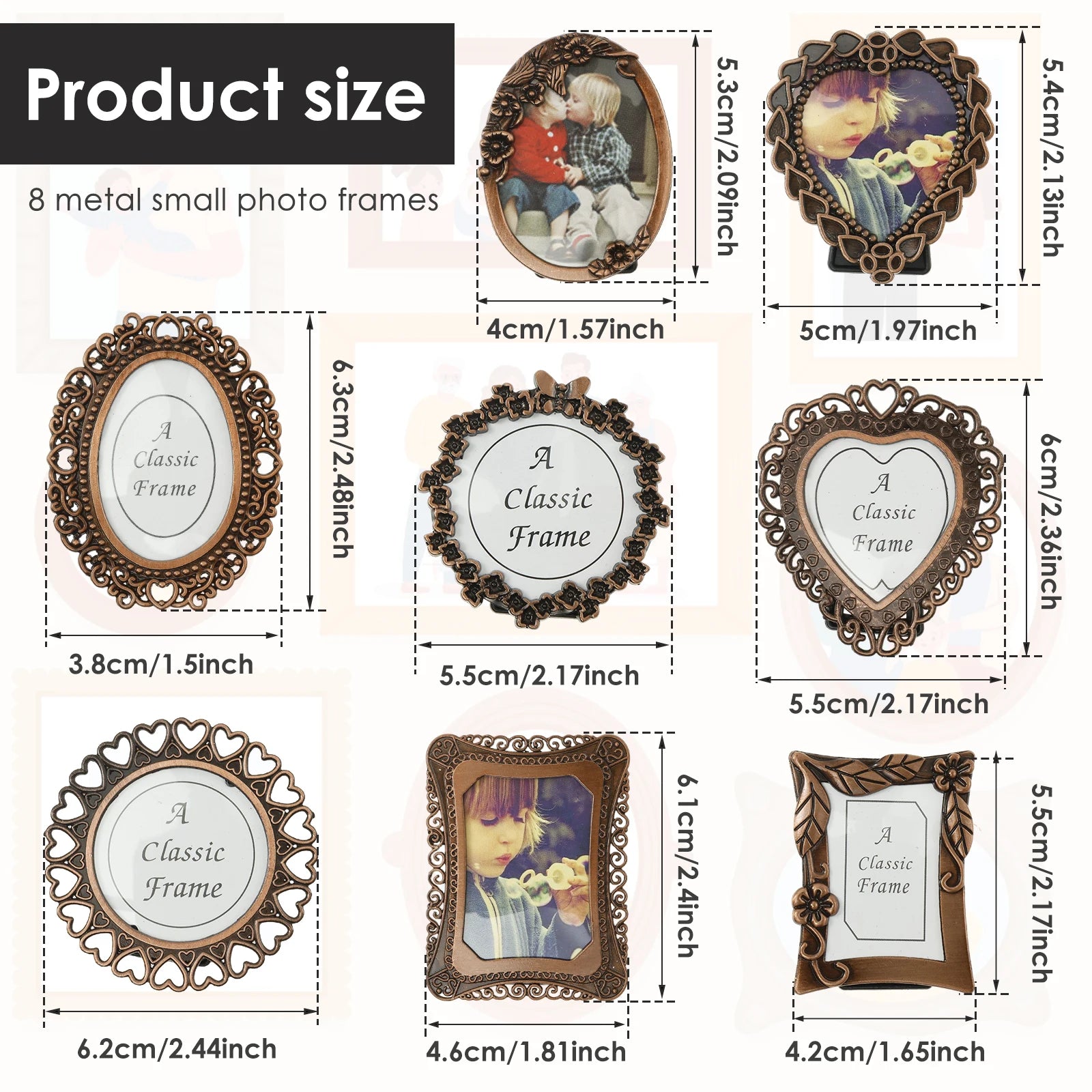 8Pcs Photo Frame Vintage Picture Frame Metal Picture Holder Photo Display Frame for Gallery Office Tea House Office