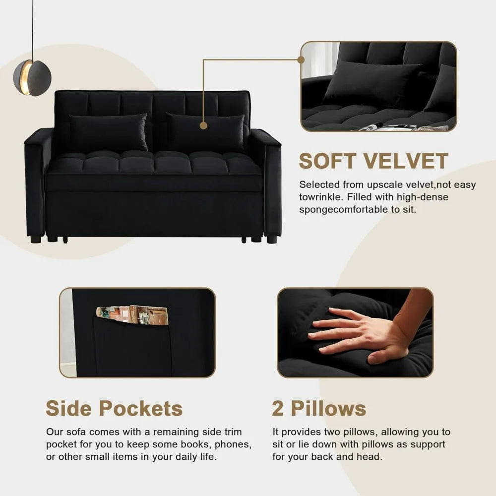 55 Inch 3-in-1 Sleeper Loveseat Velvet Futon Sofa with Adjustable Reclining Backrest and Pull Out Couch Includes