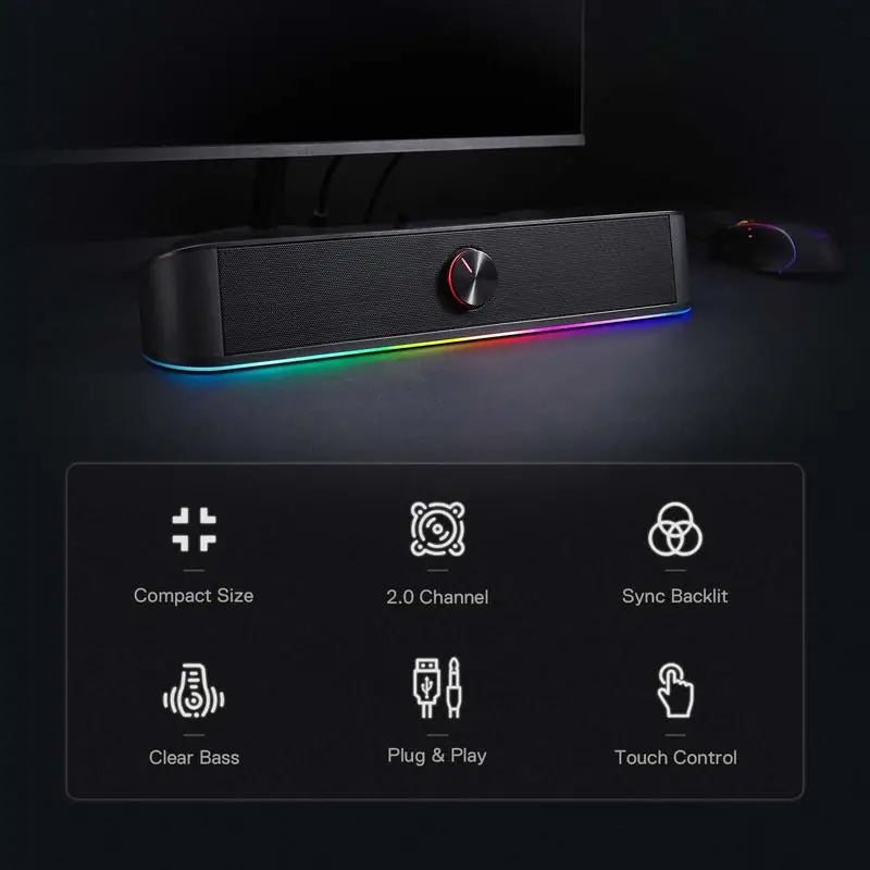 Redragon GS560 Adiemus RGB USB Desktop Soundbar 2.0 Channel Computer Speaker with Dynamic Lighting Bar Audio-Light