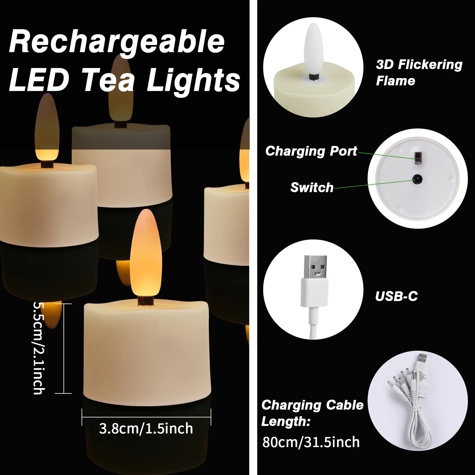 Rechargeable LED Candles with Timer Remote Flameless Flickering 3D wick Tea Light Electronic Lighting Halloween