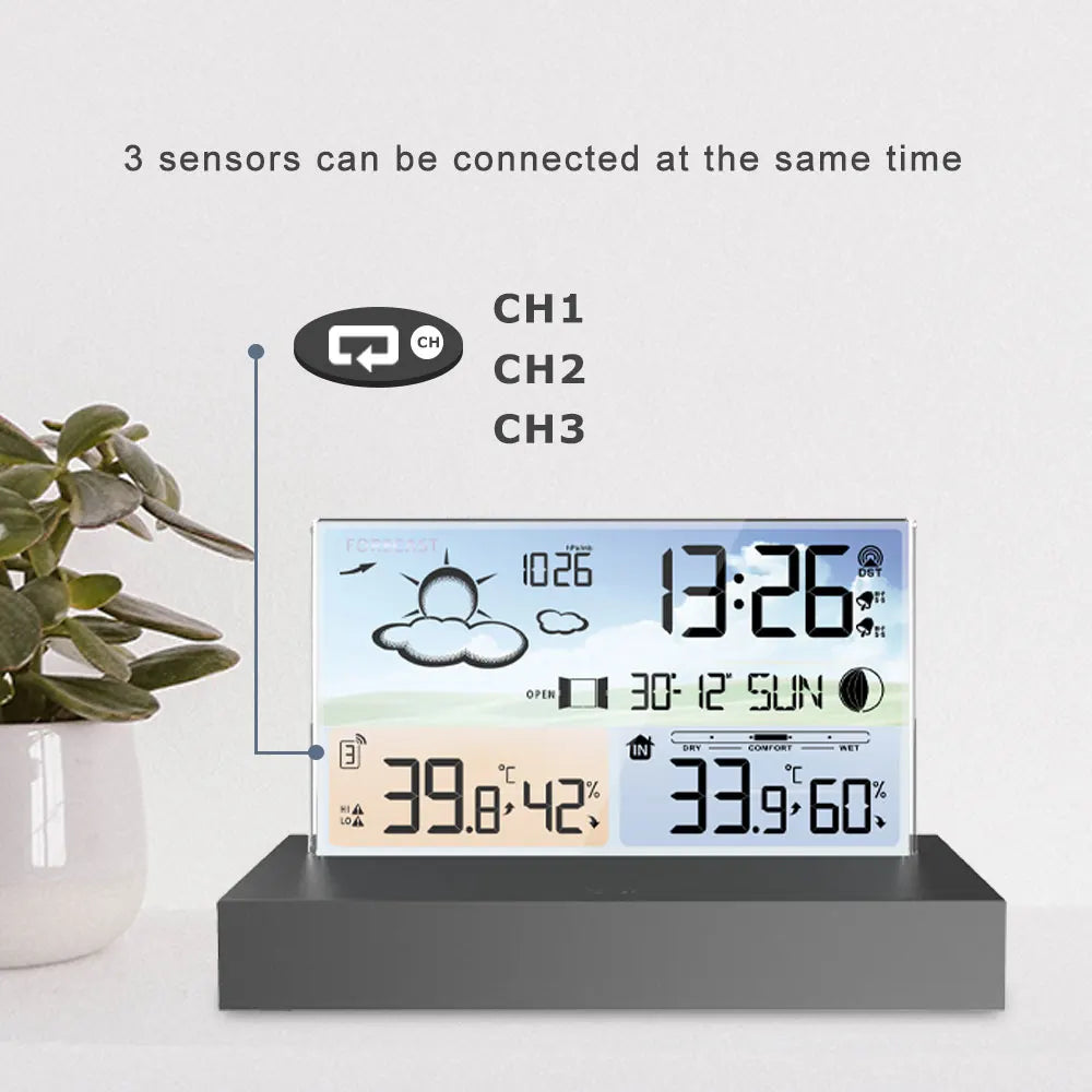 Transparent Glass Weather Clock Wireless Multifunctional Weather forecast Electronic Alarm Clock Black Outdoor Sensors