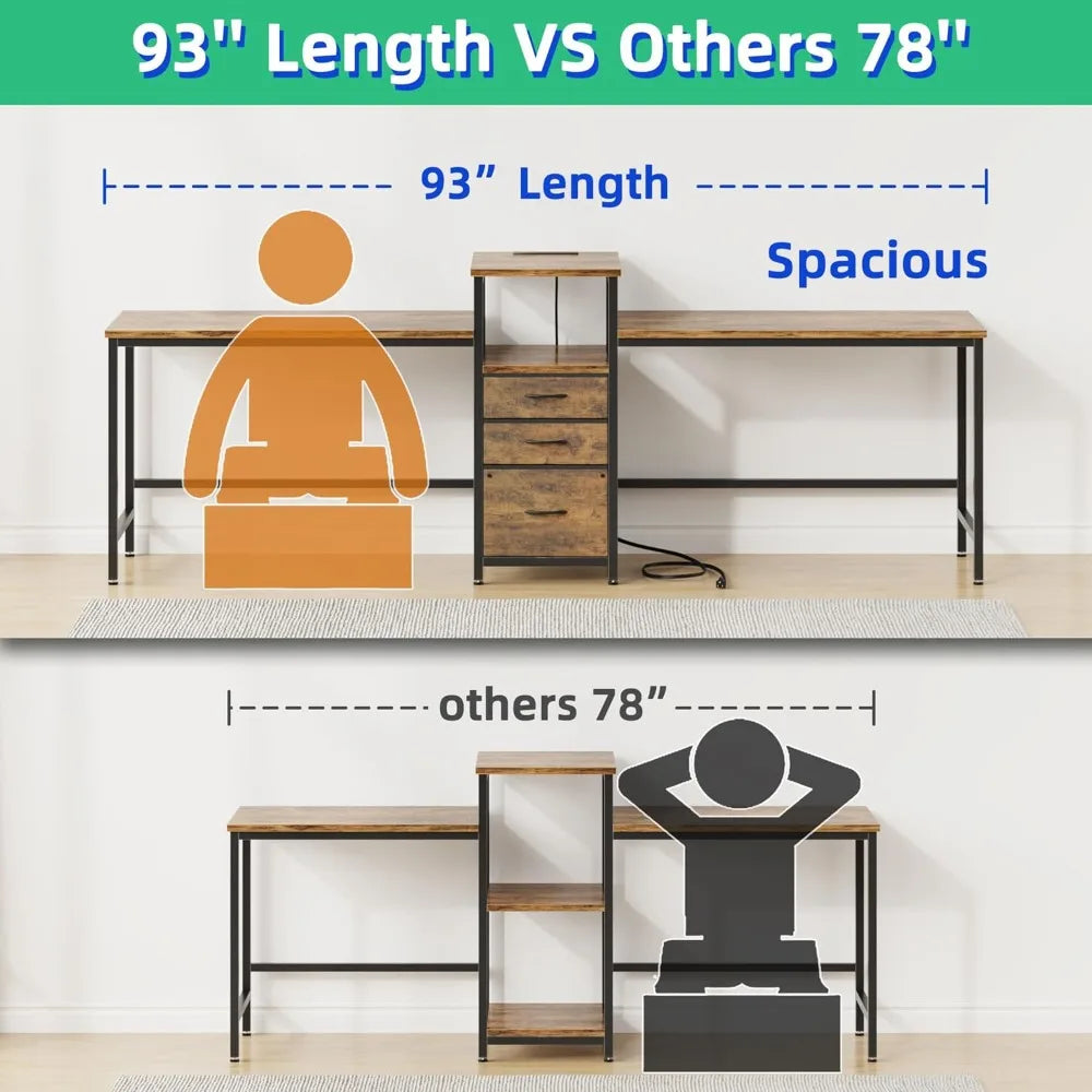 Two Person Desk with Charging Station Long Desk with 3 Fabric Drawers and Printer Shelf Double Computer Desk for 2