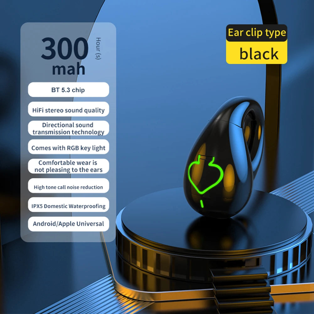 HIFI Stereo Wireless Headphones Bone Conduction Single Ear Clip Earphones IPX5 Waterproof Bluetooth-Compatible 5.3