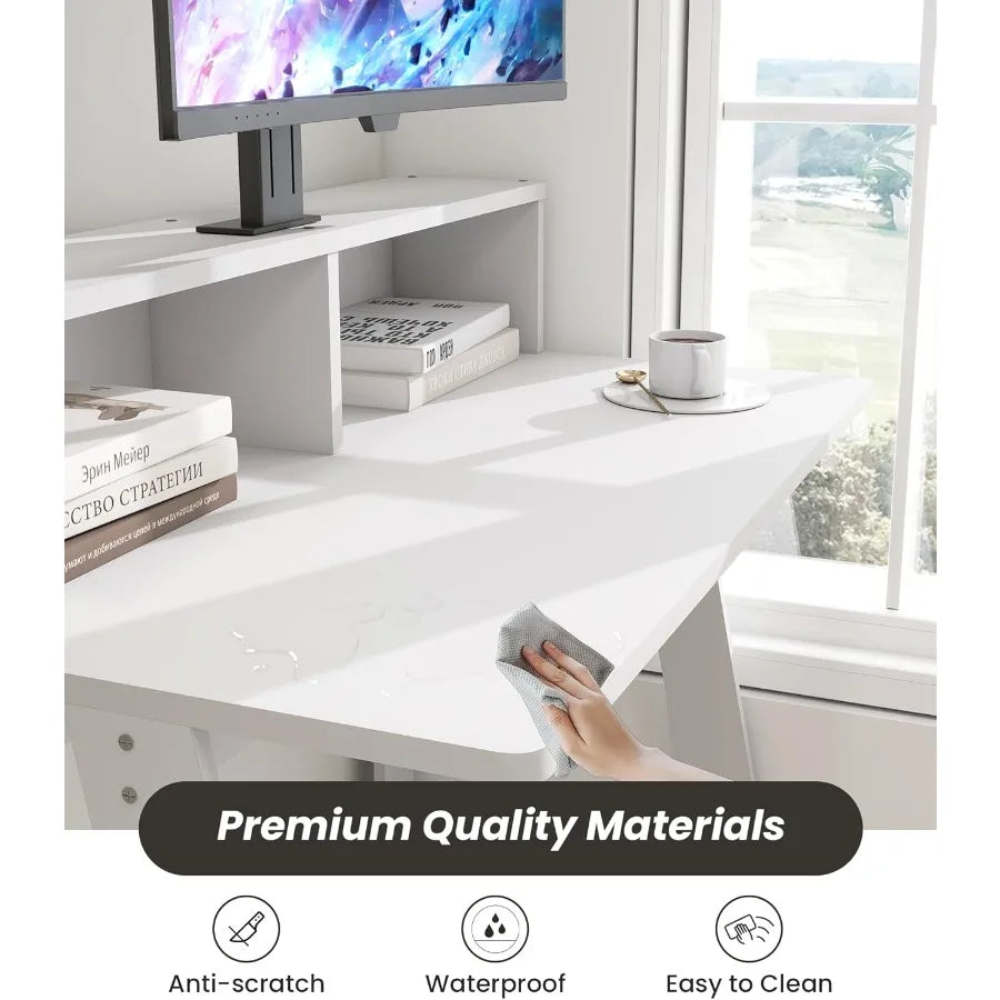 Compact White Corner Desk for Bedroom or Small Office Space with Builtin Storage Ideal for Computer Setup