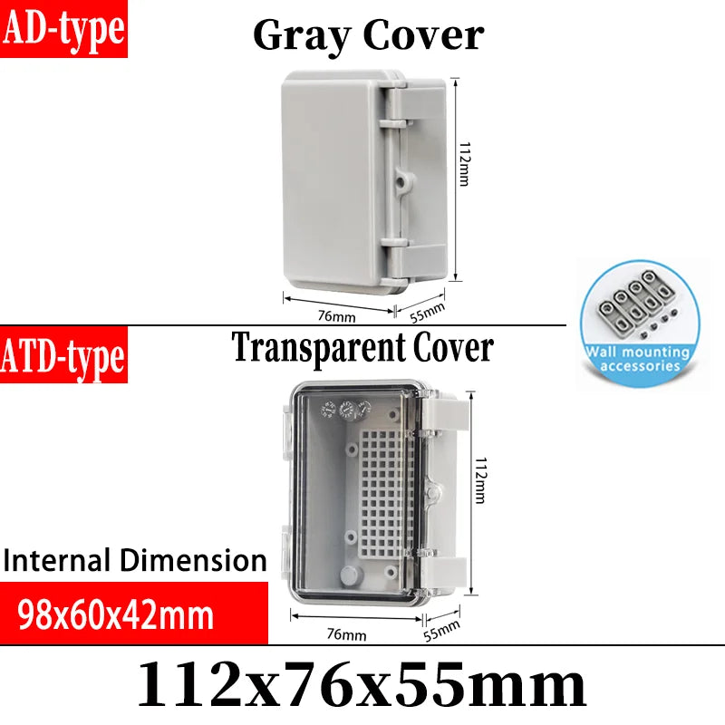 ABS plastic junction box AD type outdoor waterproof junction box - 112x76x55mm / Transparent cover