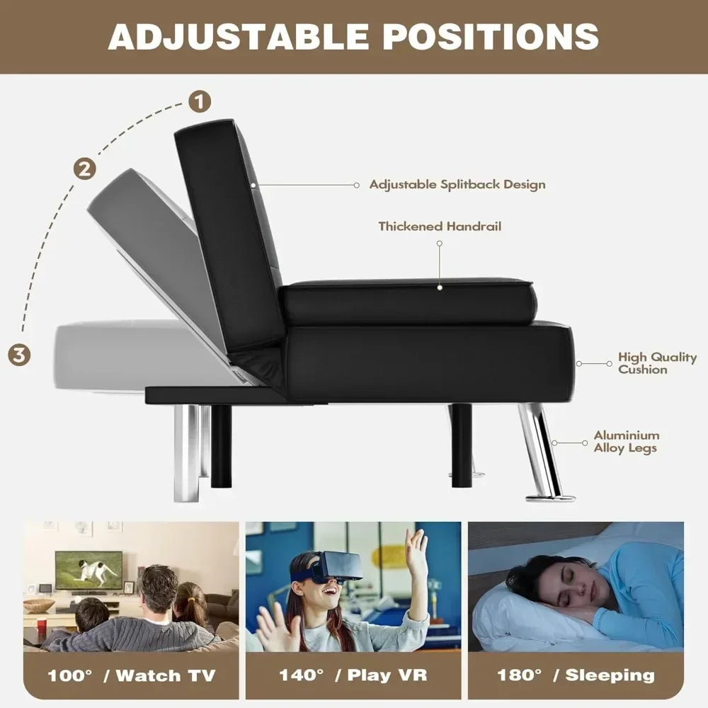 Futon Sofa Bed Leather Futon Couch with Removable Armrests Adjustable Recliner Sleeper Sofa Bed with Dual Cup Holders