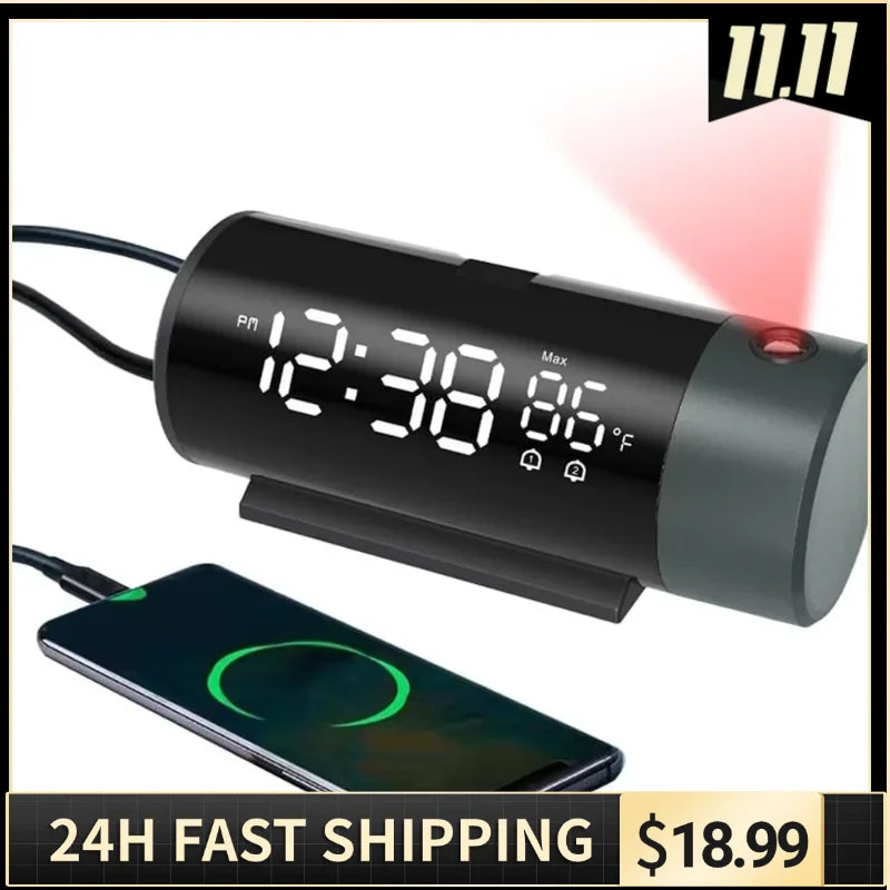 Black Bedroom Projection Alarm Clock with 180° Ceiling Projection 4 Adjustable Brightness Levels & Temp Humidity
