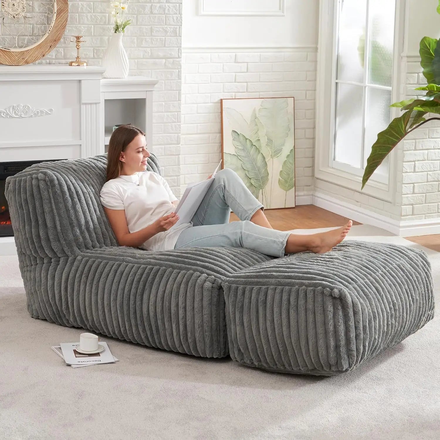 Big Bean Bag Lounger Chairs Large Beanbag Chair for Adults Bean Bag Sofa with Memory Foam Filled for Living Room - Grey