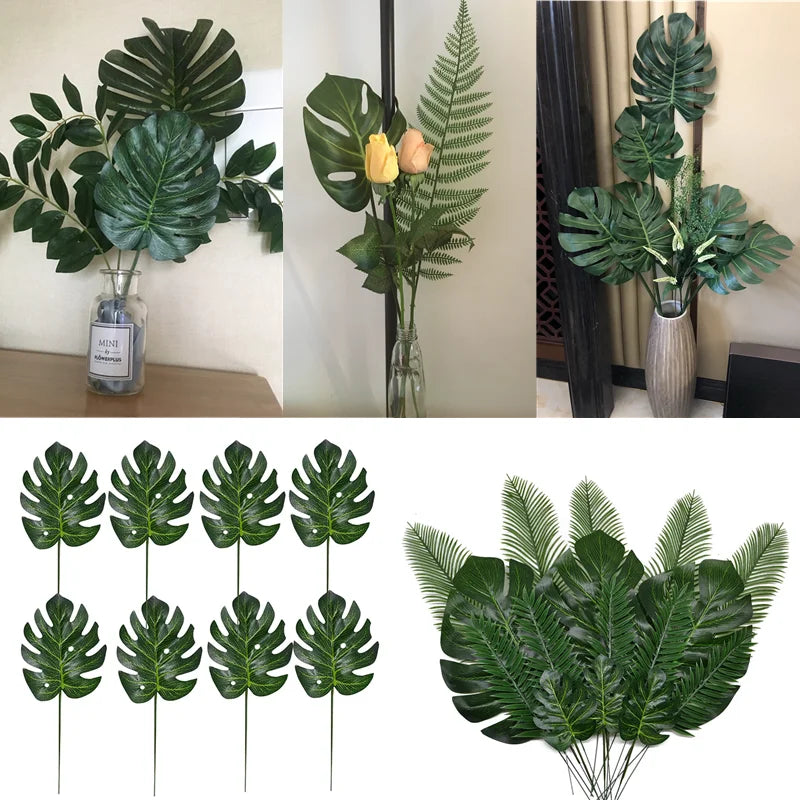 10-20 Pcs Artificial Plants Tropical Monstera Palm Leaves Simulation Leaf For Hawaiian Theme Party Decor Home Garden
