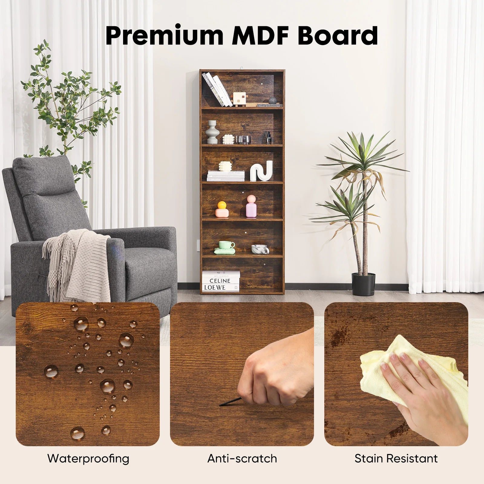 JHK 6 Tier Wooden Shelf Bookcase 63 Inch Tall Floor Standing Open Bookshelf for Living Room and Home Office