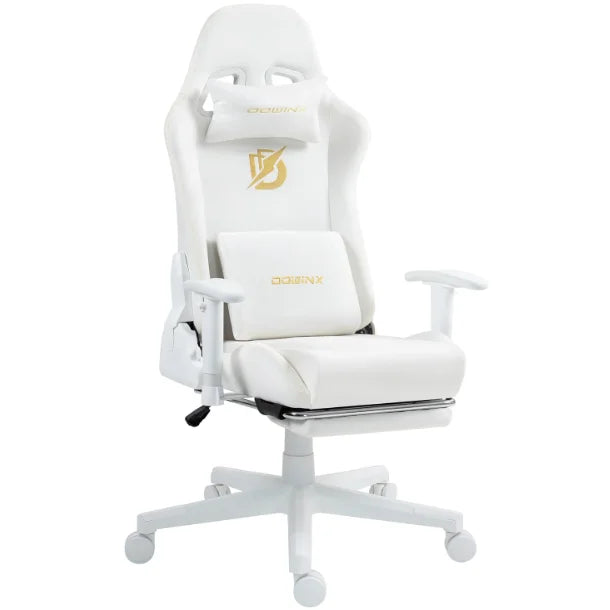 Dowinx Gaming Chair with Massage Lumbar Support Suede Fabric Ergonomic Computer Chair with Footrest for Adults - white