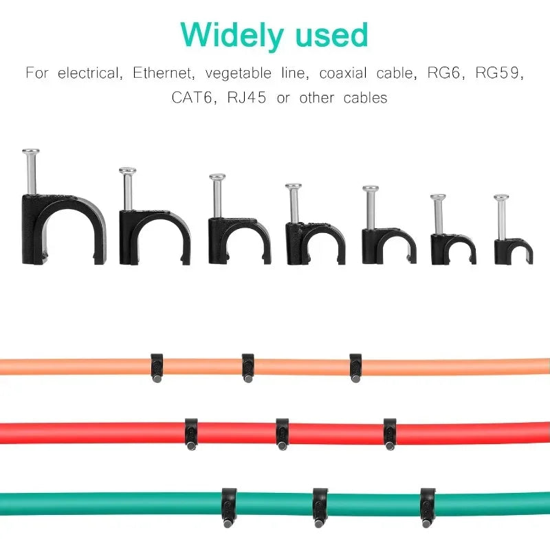 600PCS Black Cable Clips Set Steel Nail Cable Clips Tacks for Cable Fixing Organizer 4mm 5mm 6mm 7mm 8mm 10mm 12mm DIY