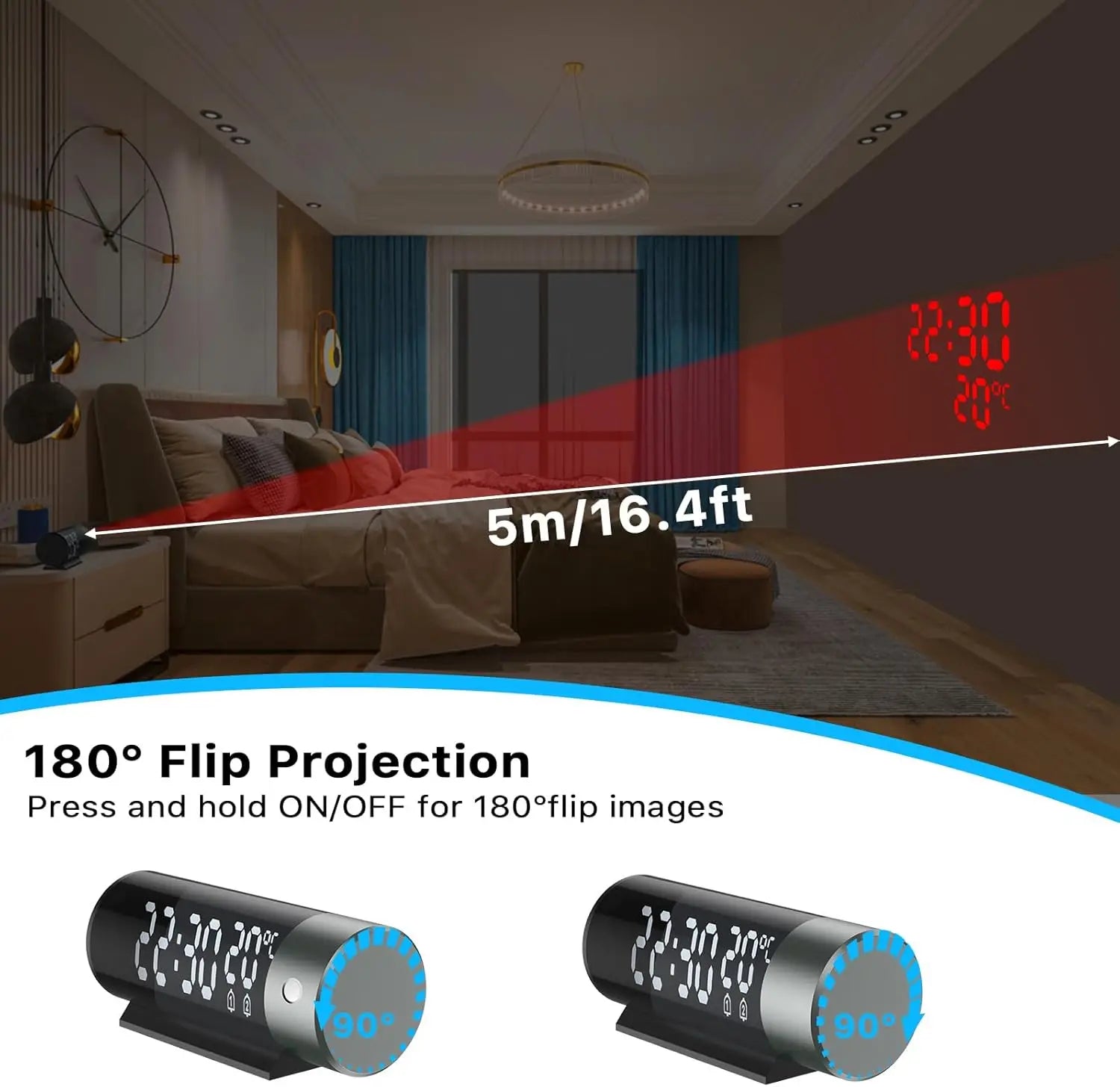 Black Bedroom Projection Alarm Clock with 180° Ceiling Projection 4 Adjustable Brightness Levels & Temp Humidity