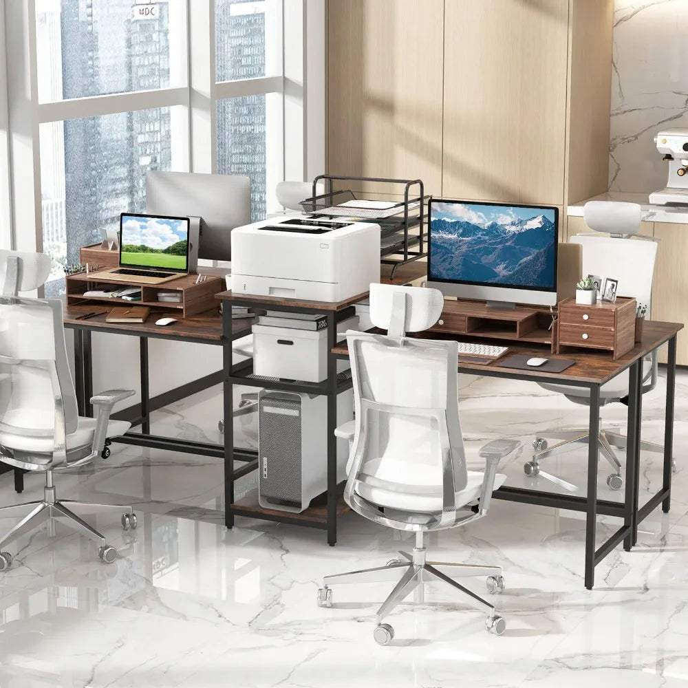 97 Inch Two Person Desk Double Computer Desk with Power Outlets Printer Stand - United States / Brown