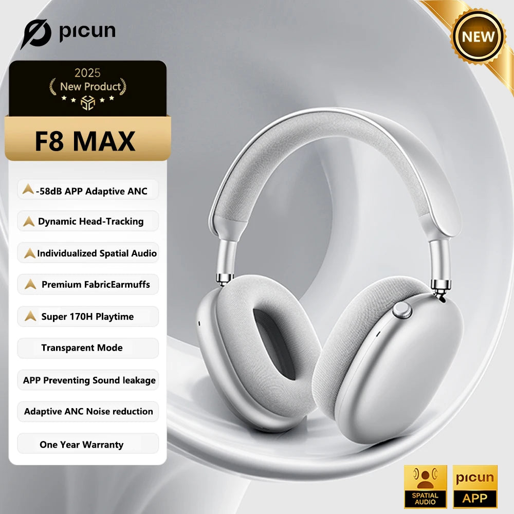 Picun F8 Pro ANC Wireless Headphones 3D Spatial Audio Head Tracking -52dB ANC HIFI Bluetooth Headset ENC HD Mic