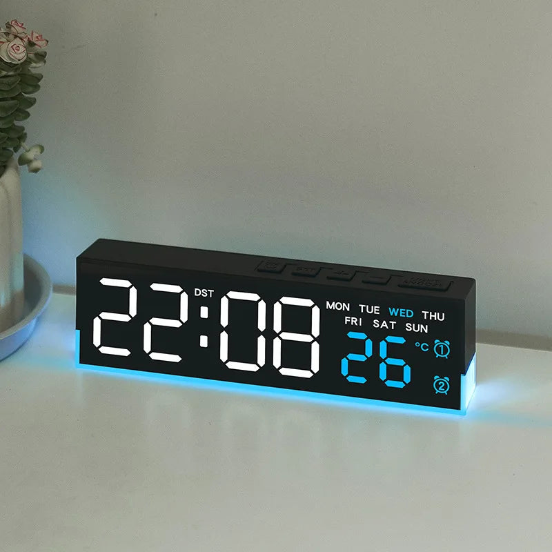 Digital Alarm Clock with Bottom Mood Light TEMP Week Date Dual Alarm 3 Levels Brightness Snooze DST Table Clock 12/24H
