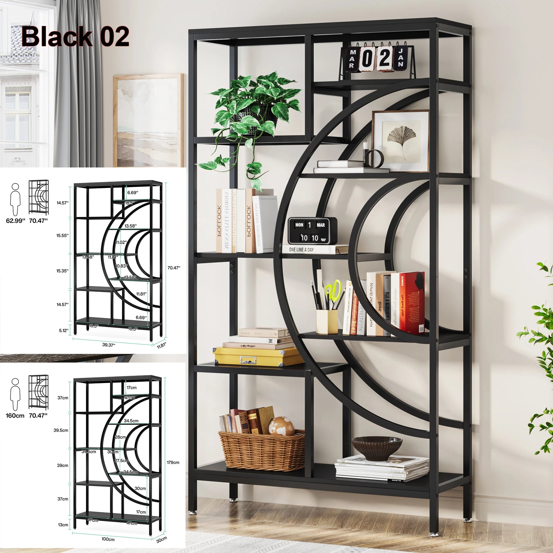 Tribesigns Bookshelf Industrial 5 Tier Etagere Bookcase Freestanding Tall Bookshelves Display Shelf Storage Organizer