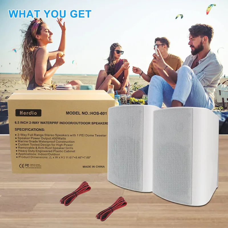 Herdio 2PCS 6.5’’ 400W Outdoor Speakers Wired Waterproof Passive With Powerful Bass Wall Mount Speakers For Indoor