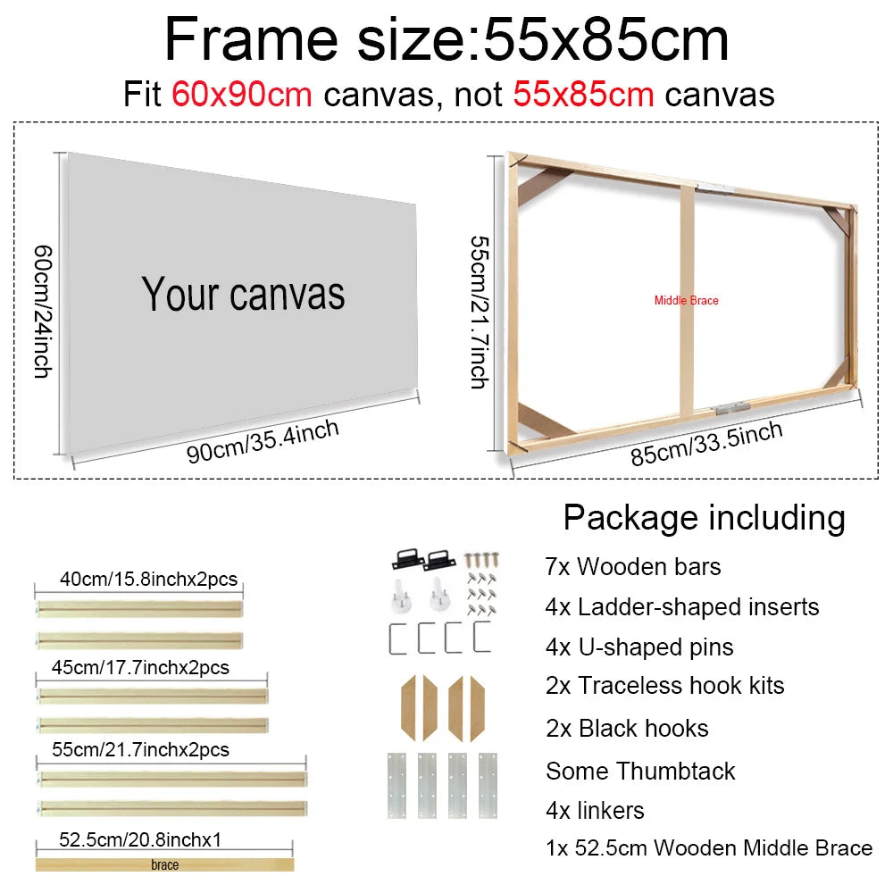55x85cm Wooden Frame For 60x90cm Canvas Print Diamond Painting DIY Frame Kit Pictures and Poster Wall Frame Home Office