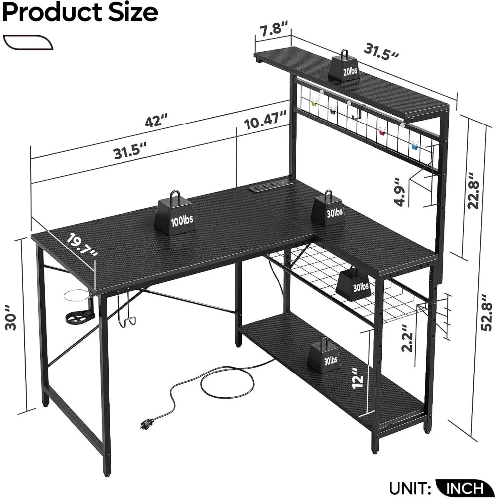 42 L Gaming Desk,Computer Desk with Power Outlets LED Lights Reversible Corner Desk with 4-Tier Shelves,Cup Holder & H