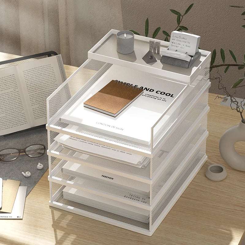Metal File Stack Stackable Desk Organizer Office Desktop Organizer Multilayer File Tray with a Hanging Pen Holder Desk