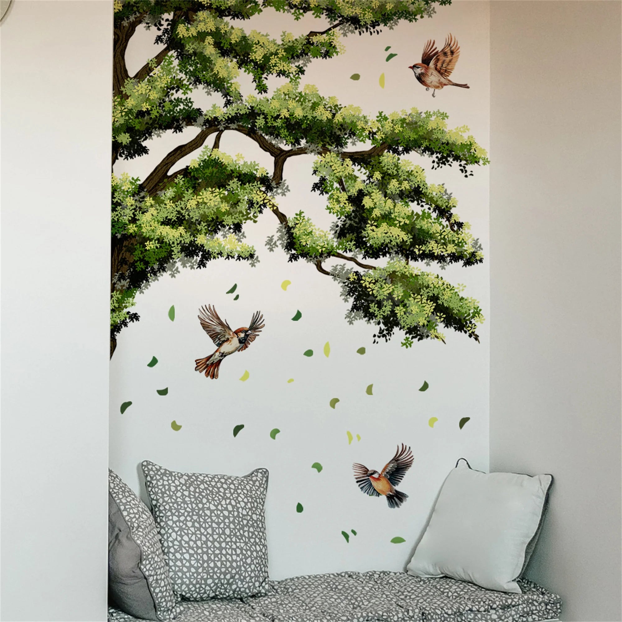 Green Leaves and Birds Wall Decals 3 Piece Set Nature Inspired Wall Sticker for Home Decor Living Room Office