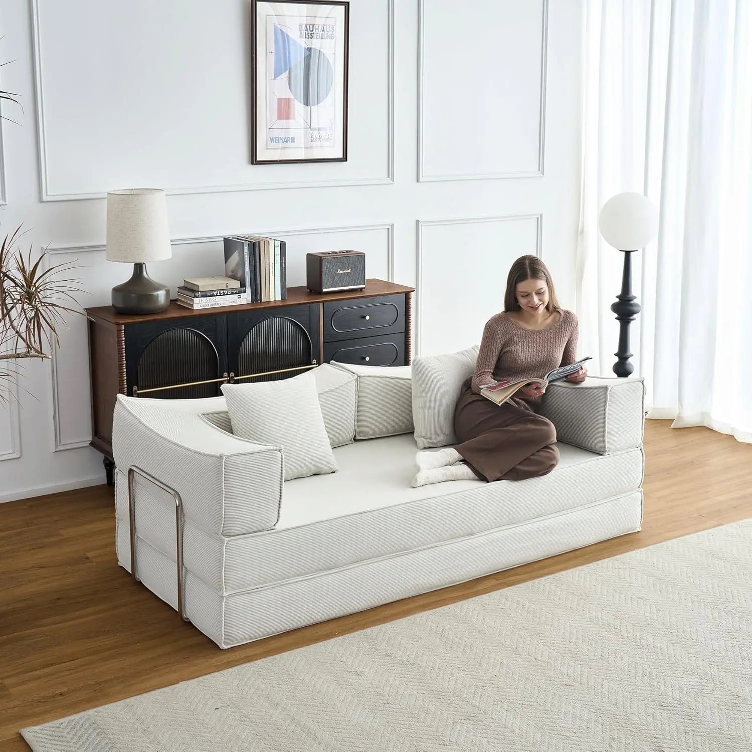 79’’ Convertible Sofa Bed with Pillows Corduroy Folding Sleeper Sofa with Fixed-Shape Frame Boneless Couch for Living