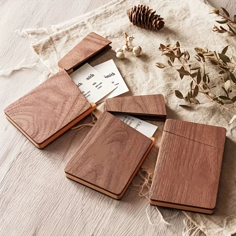 1Pc Portable Black Walnut Business Card Holder Men’s Solid Wood Business Card Box Magnetic Switch Wooden Box - 1 pc