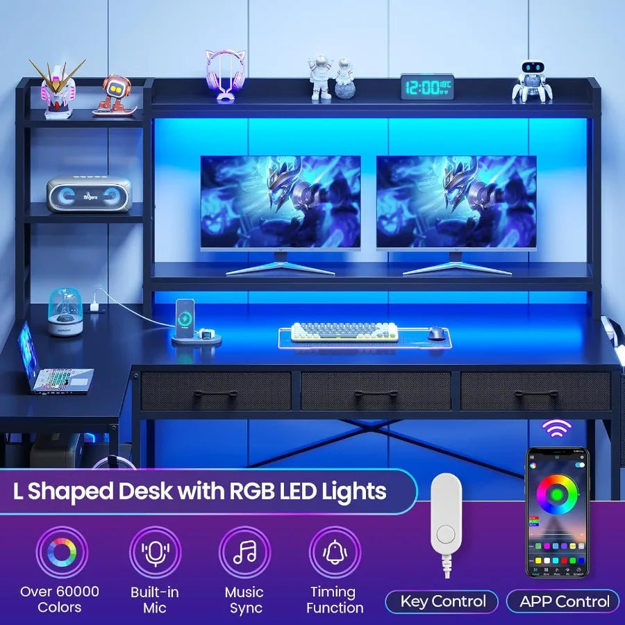 55 L Shaped Gaming Desk with Hutch and Drawers for Home Office or Gaming Room Corner Computer Desk with Adjustable