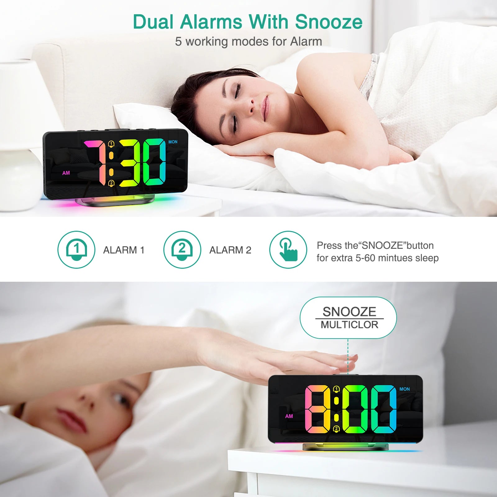 ORIA Digital Alarm Clock RGB LED Digital Clocks Colorful Clocks With Atmosphere Night Light for Home Office Best Gifts