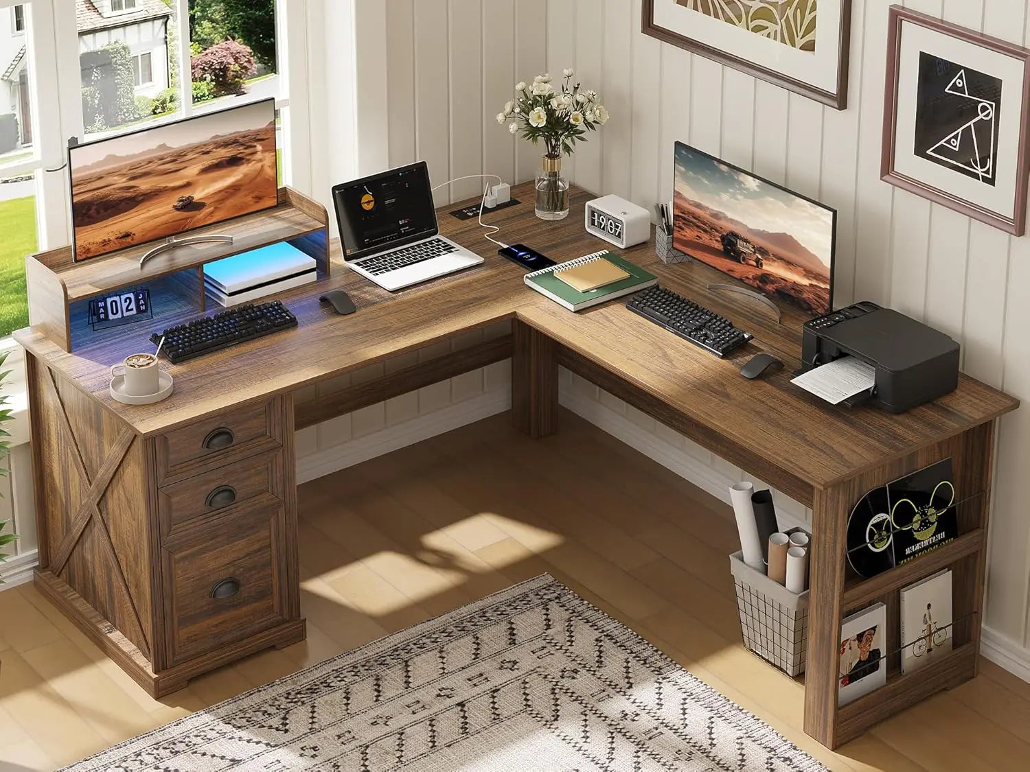 Executive L Shaped Desk with Monitor Stand And LED Lights Farmhouse Computer Desk with Power Outlets for Home Office