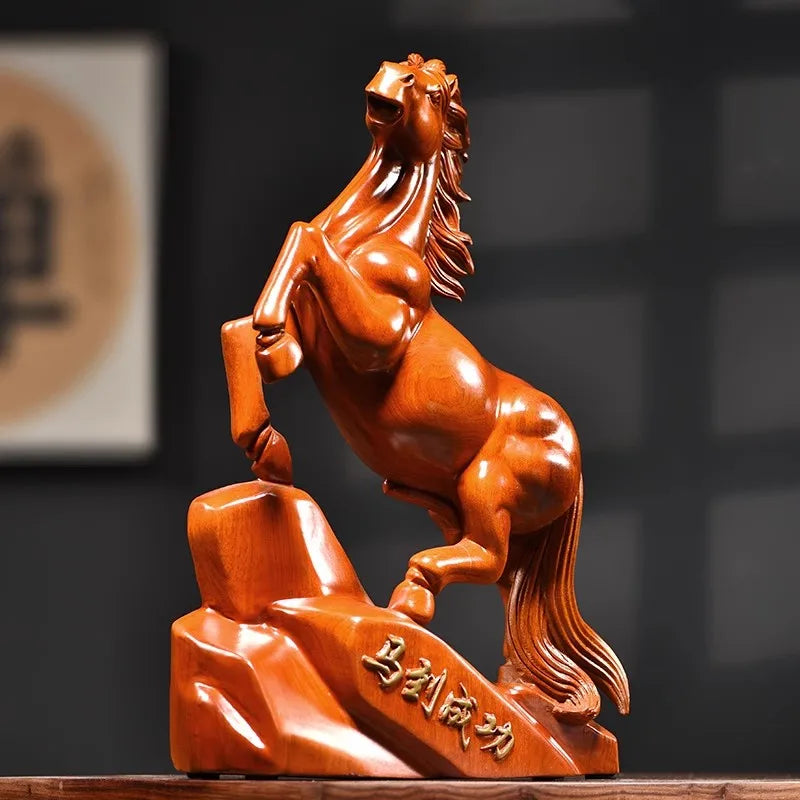 Rosewood Carved Horse Statue - Wealth Lucky Zodiac Horse Decor for Home/Office Desk Chinese Feng Shui Craft Gift