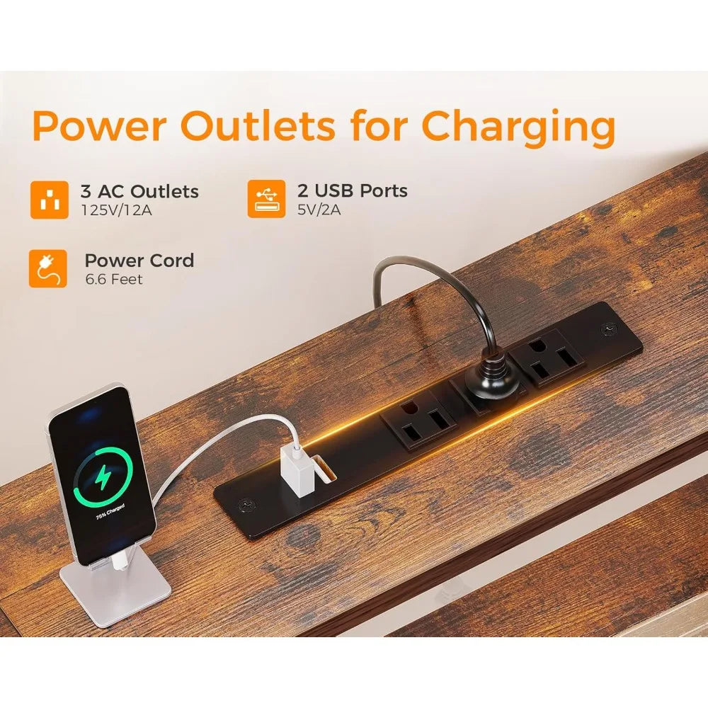 94’’ Computer Desk with Fabric Drawer & File Cabinet- 2 Person Home Office Desk with Power Outlet & LED Light