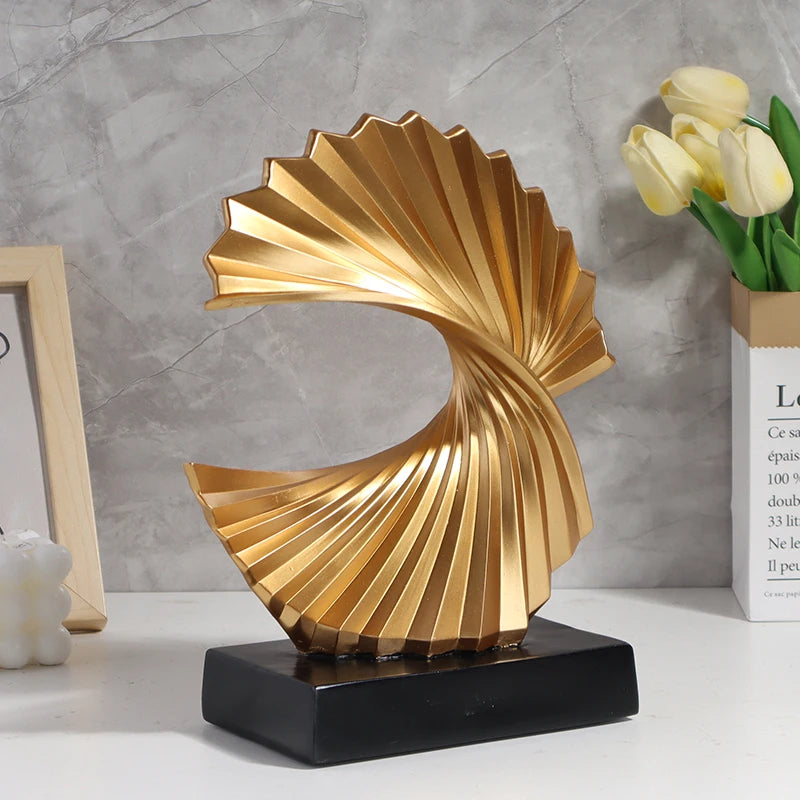Golden Wave Resin Craft Sculpture - Abstract Art Home Decor Figurine Bedroom Living Room and Study Desktop Decorations