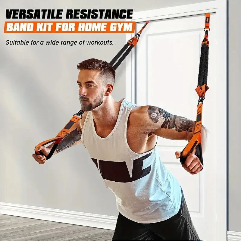 Home fitness equipment. A resistance band used for downward pressure and other exercises to shape your triceps