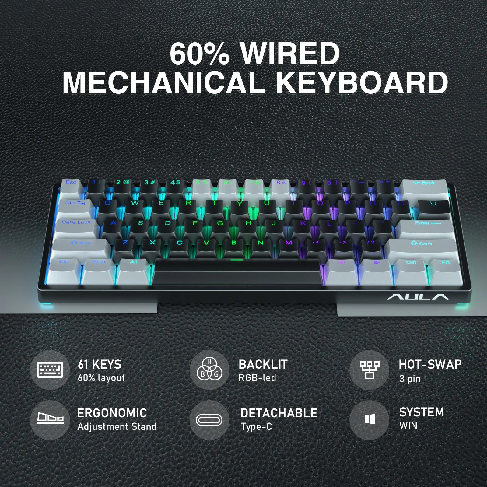 AULA F3261 60% Wired Mechanical Keyboard RGB Backlit 3 Pins Hot-swappable for Laptop PC Tablet - Desktop