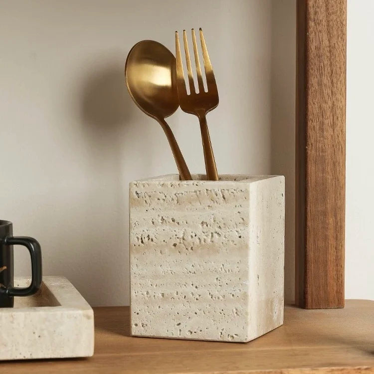 Natural Marble Pencil Pen Holder Desktop Organizer,Office Stationary Supplies Storage Stone Travertine Makeup Brush Box