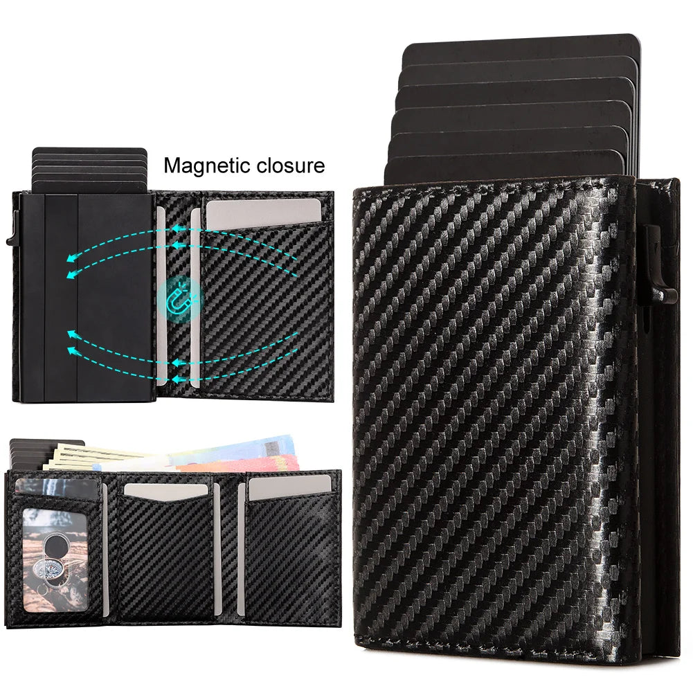Carbon fiber Men Wallet with Aluminum Card Holder Case RFID Blocking Automatic Pop Up Cardholder Purse Business Male