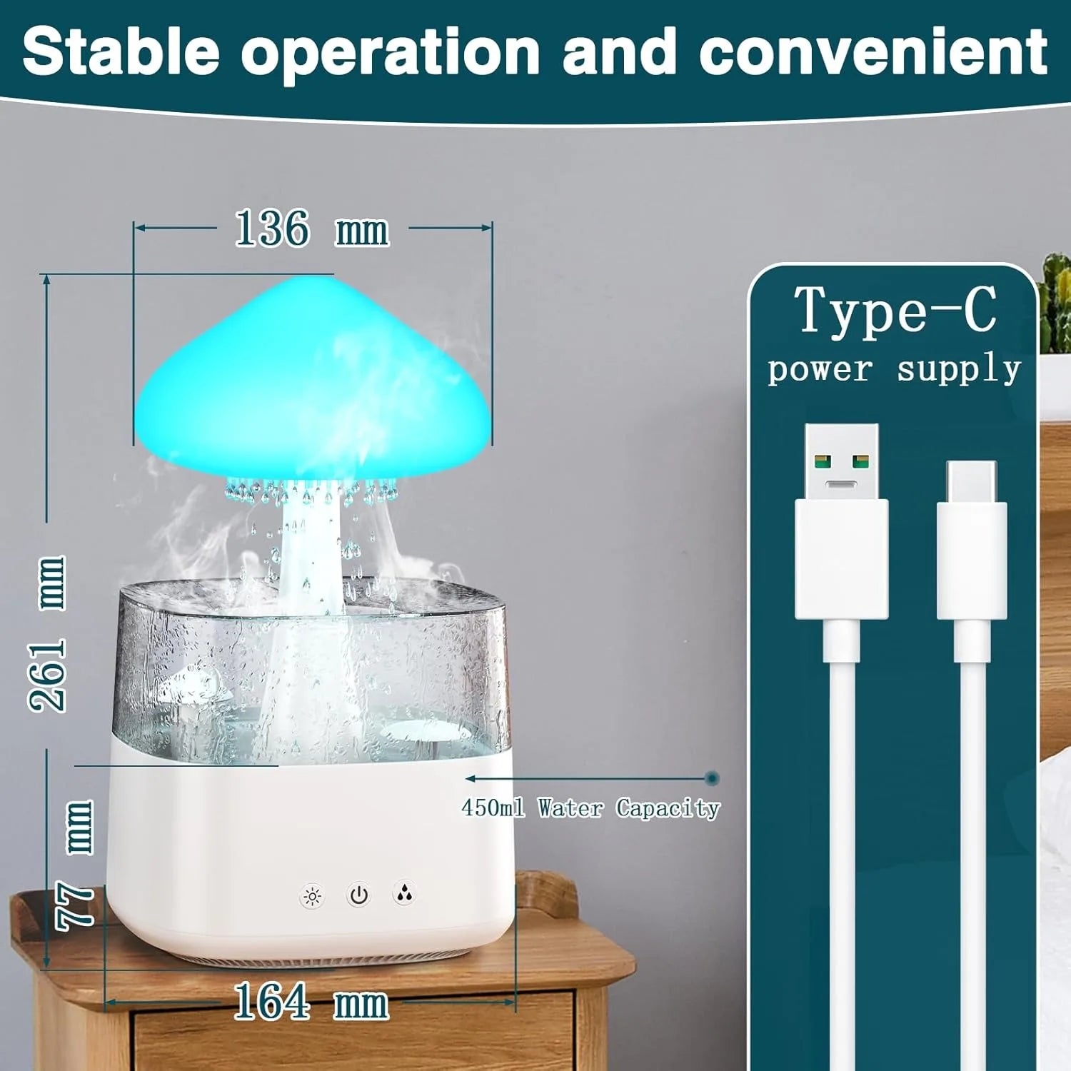 Cloud Humidifiers 450ML Water Drip Mushroom Humidifiers with Remote Control 7 Colors Mood Light Air Humidifier