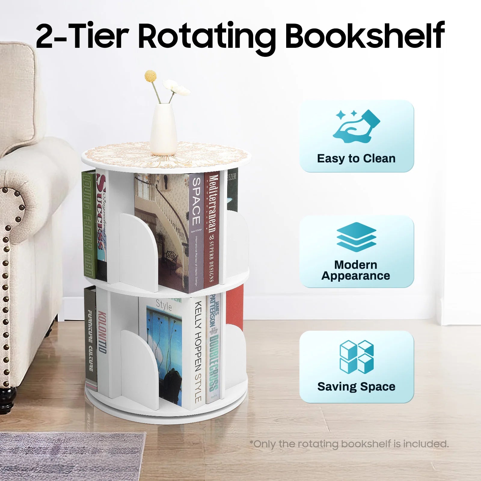 2/4-Tier Wooden Rotatable Bookshelf - 360°Display Floor Standing Storage Rack White Multifunctional Bookshelf Organizer