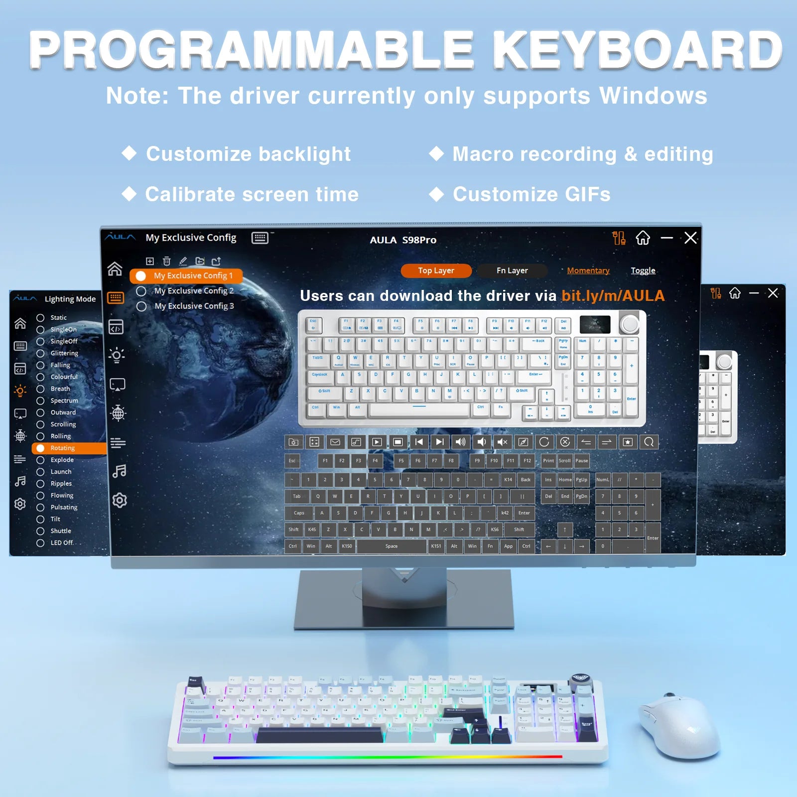 AULA S98pro Wireless Mechanical Keyboard Gasket Hot-swap Gaming Keyboard with Mini TFT Color Screen and Multi-function