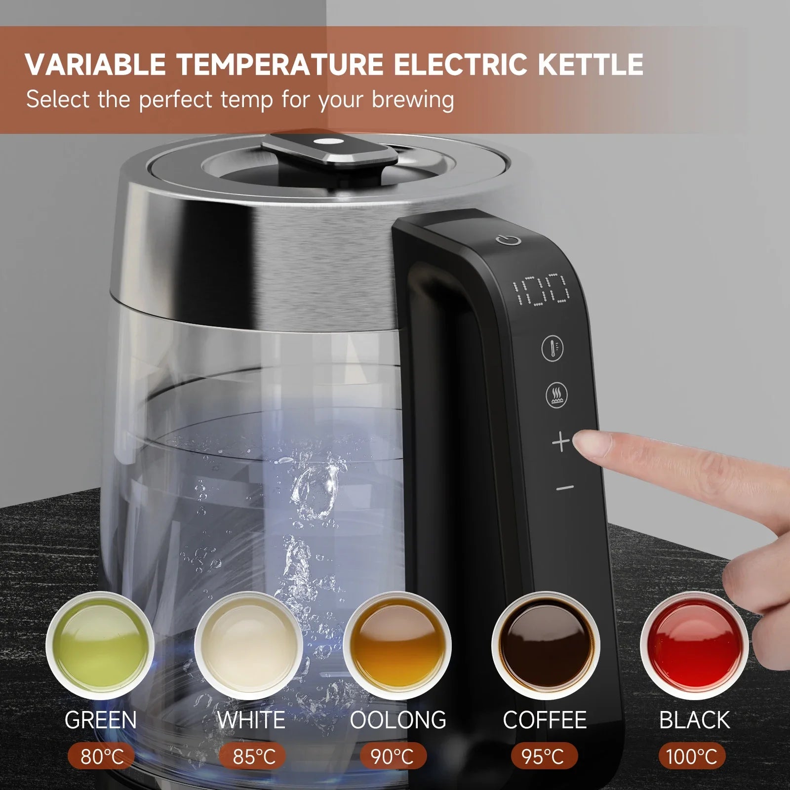DEVISIB Dual Wall Cool Touch Electric Glass Kettle 1.7L/2200W Fast Boiling Temperature Control Real-time Display Auto