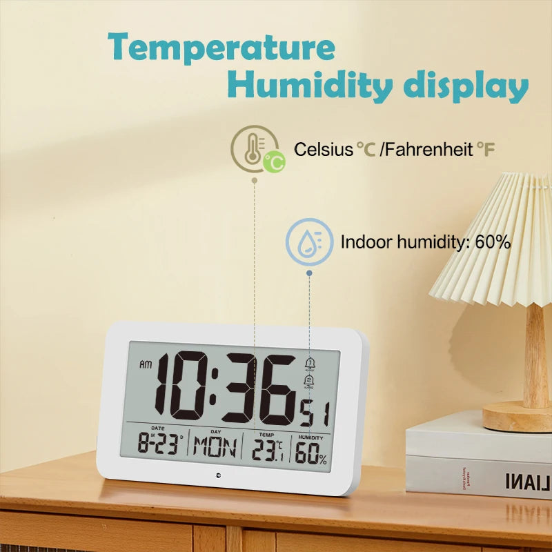 Large Digital Wall Clock with Temperature Humidity Calendar 8.5’’Desk LCD Alarm Clock Backlight for Bedroom Office