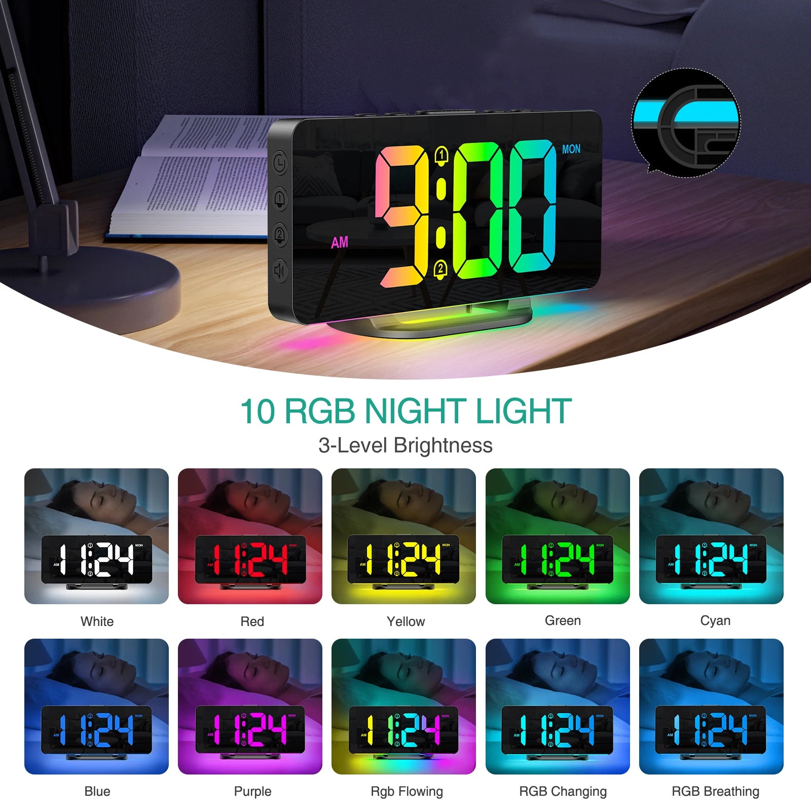 ORIA Digital Alarm Clock RGB LED Digital Clocks Colorful Clocks With Atmosphere Night Light for Home Office Best Gifts