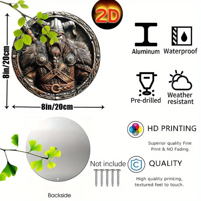 Viking Warrior Shield Wall Art Round Aluminum Metal Sign for Home & Office Decor 2D Exquisite Aluminum Painting Wall