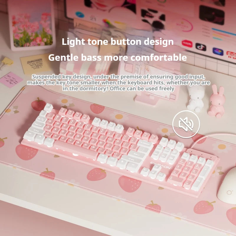 EWEADN GX320Z Pink Silent Office Keyboard USB Wired Quiet Typing for Windows PC/Laptop,Office & Gaming Ergonomic