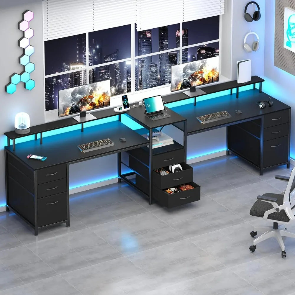 98.4’’ Long Computer Desk with 9 Drawers 2 Person Gaming Desk with LED Lights & Power Outlet Two Person Home Office