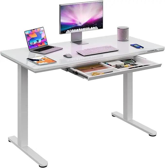 Standing Desk with Drawers Whole-Piece Glass Adjustable Height Desk 55 Inch Electric Stand Up Desk Quick Install