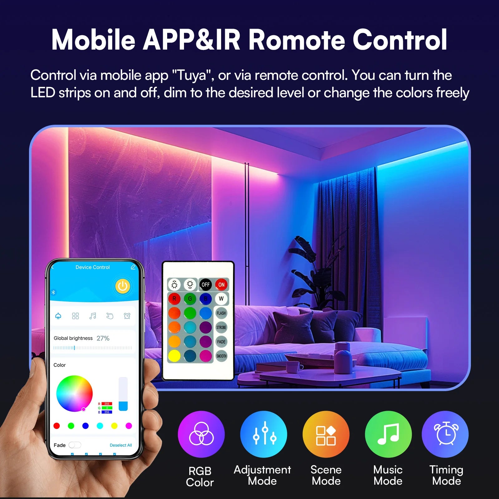 Colorful LED Strip Lights USB Powered Portable Change Color (16 Million) Dimmable Smart RGB-IC Strip Lighting Sync Music