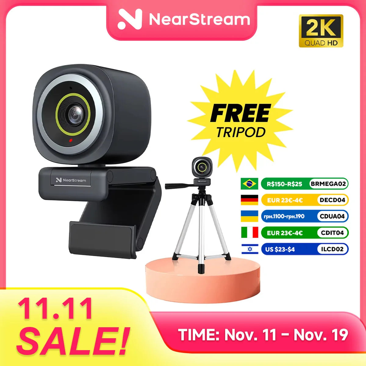 NearStream 1080P@60FPS USB Webcam with AI Noise-Canceling Microphone Software Auto Focus PC Camera With Microphone